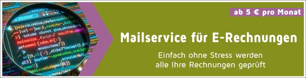 Die Grafik zeigt eine verlinkte Anzeige, die auf den E-Rechnungs-Validator-Mailservice verlinkt ist. Die Grafik enthält den Text "Mailservice für E-Rechnungen sowie ""Einfach ohne Stress werden alle Ihre Rechnungen geprüft".