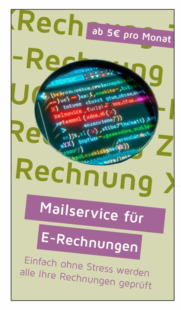 Die Grafik zeigt eine verlinkte Anzeige, die auf den E-Rechnungs-Validator-Mailservice verlinkt ist. Die Grafik enthält den Text "Mailservice für E-Rechnungen sowie ""Einfach ohne Stress werden alle Ihre Rechnungen geprüft".